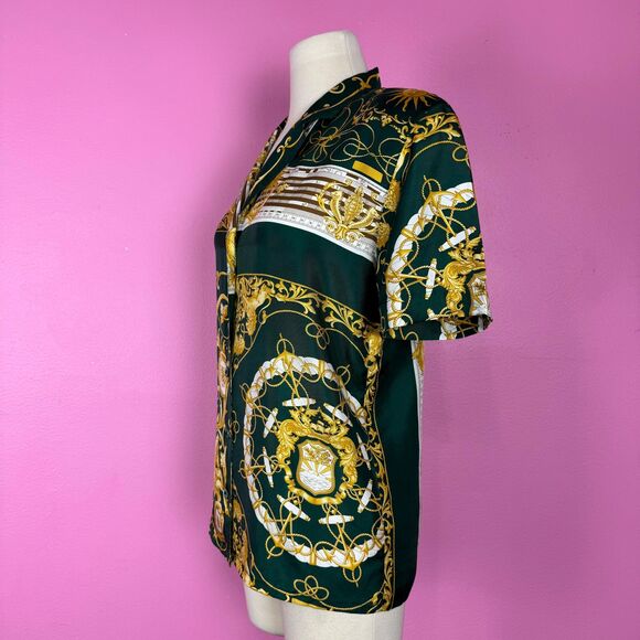 Size S | Vintage 1990s 90s Green Baroque Novelty Print Silk Button Up Blouse Top - Picture 7 of 10